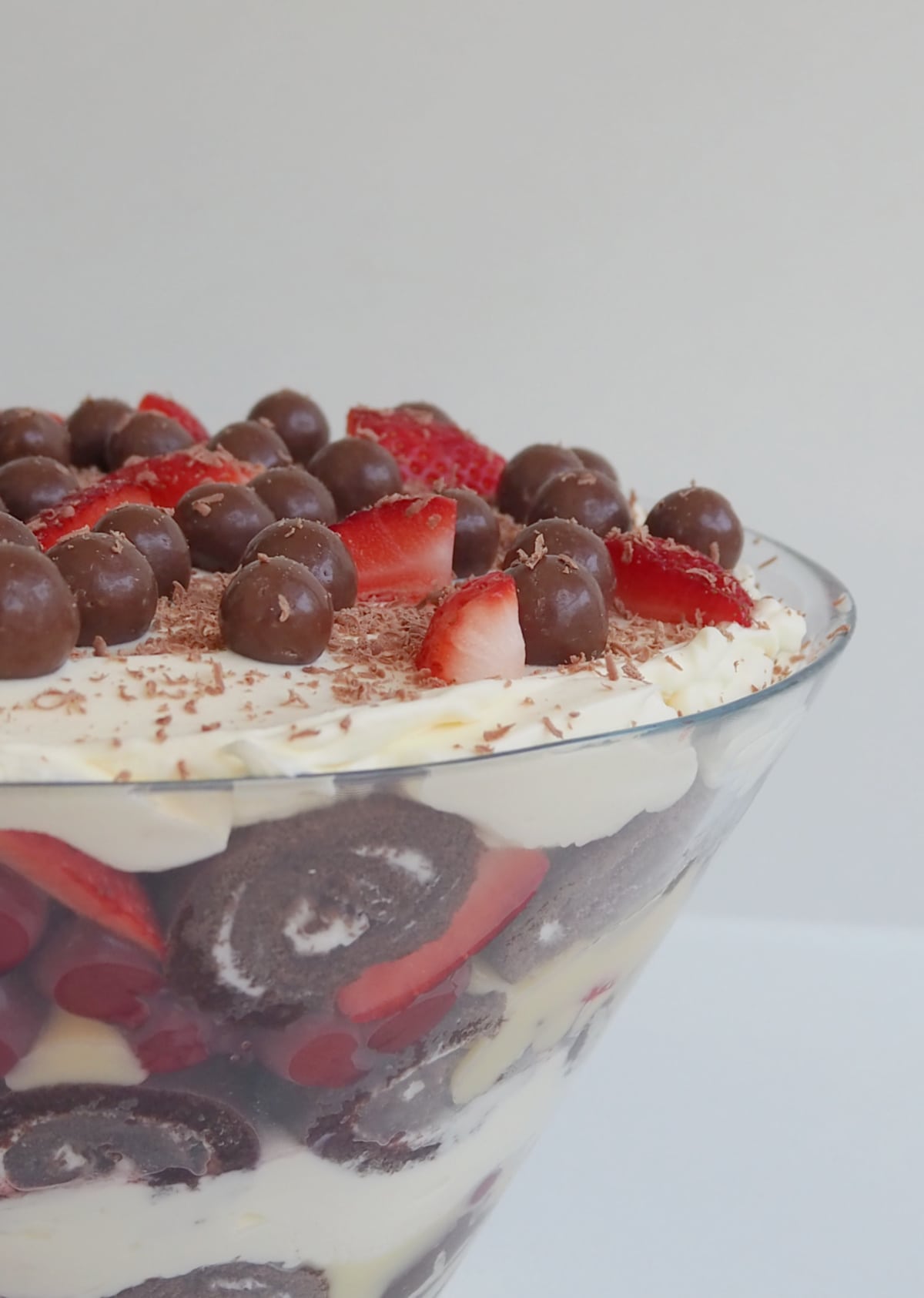 chocolate trifle in a glass bowl.