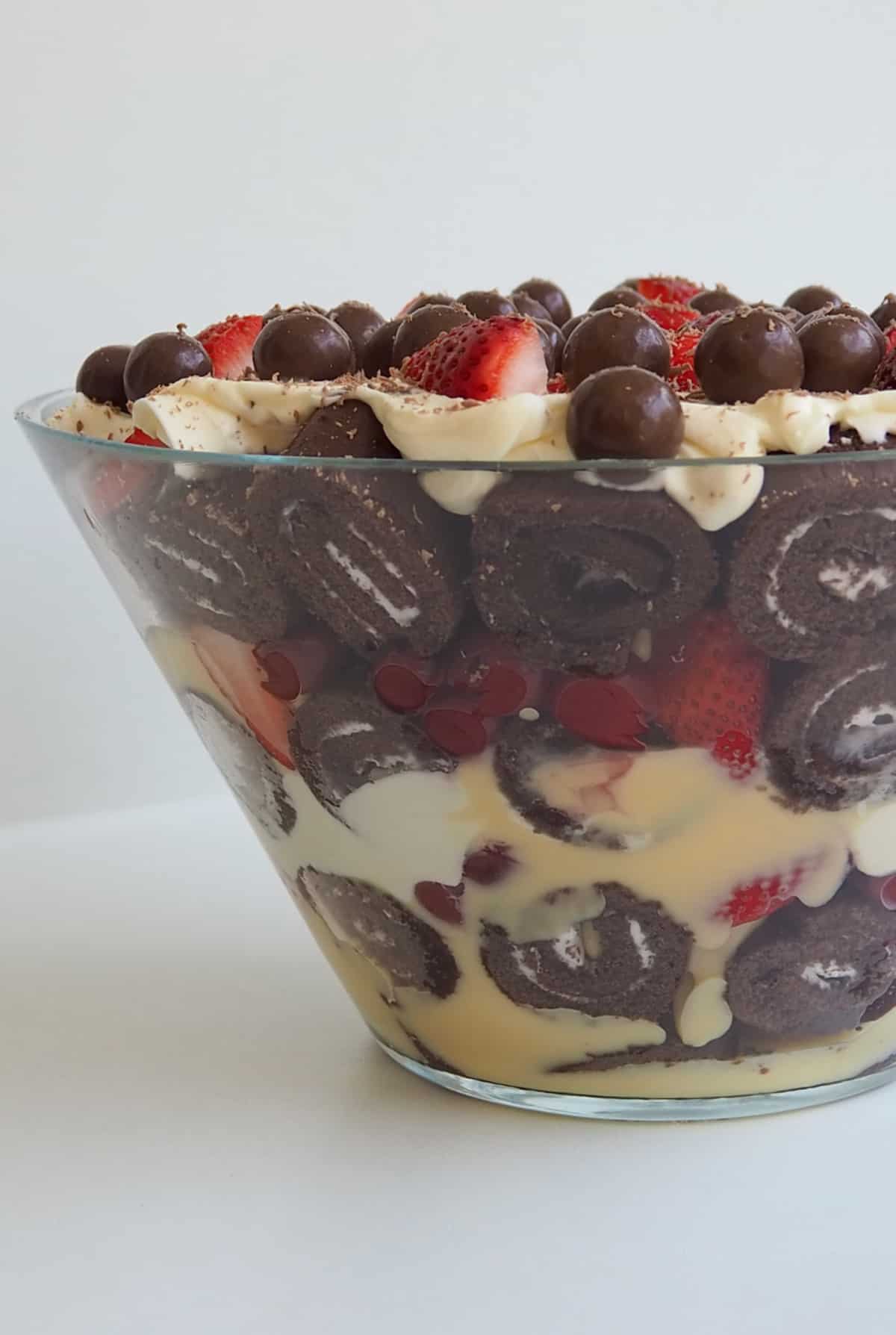 Side close up view of chocolate trifle in a glass bowl.