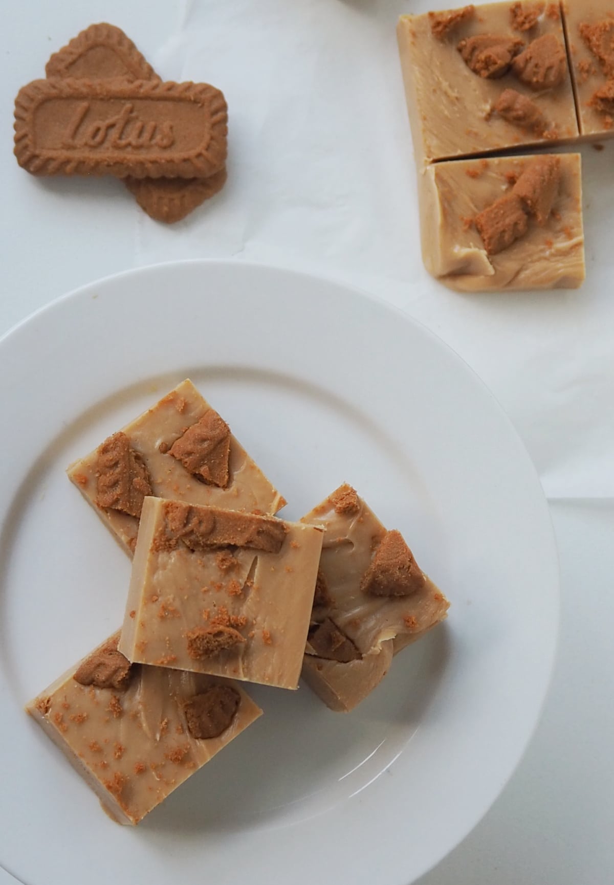 Overhead view of pieces of Biscoff Fudge on a white plate.