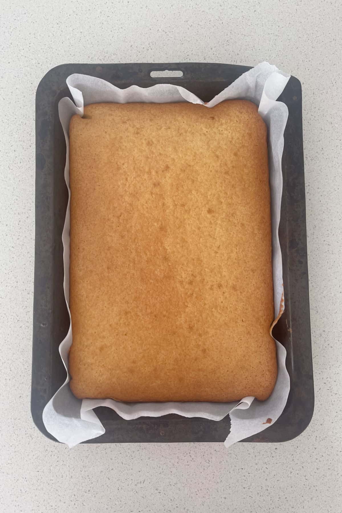 Baked Vanilla Cake in a large baking tray.