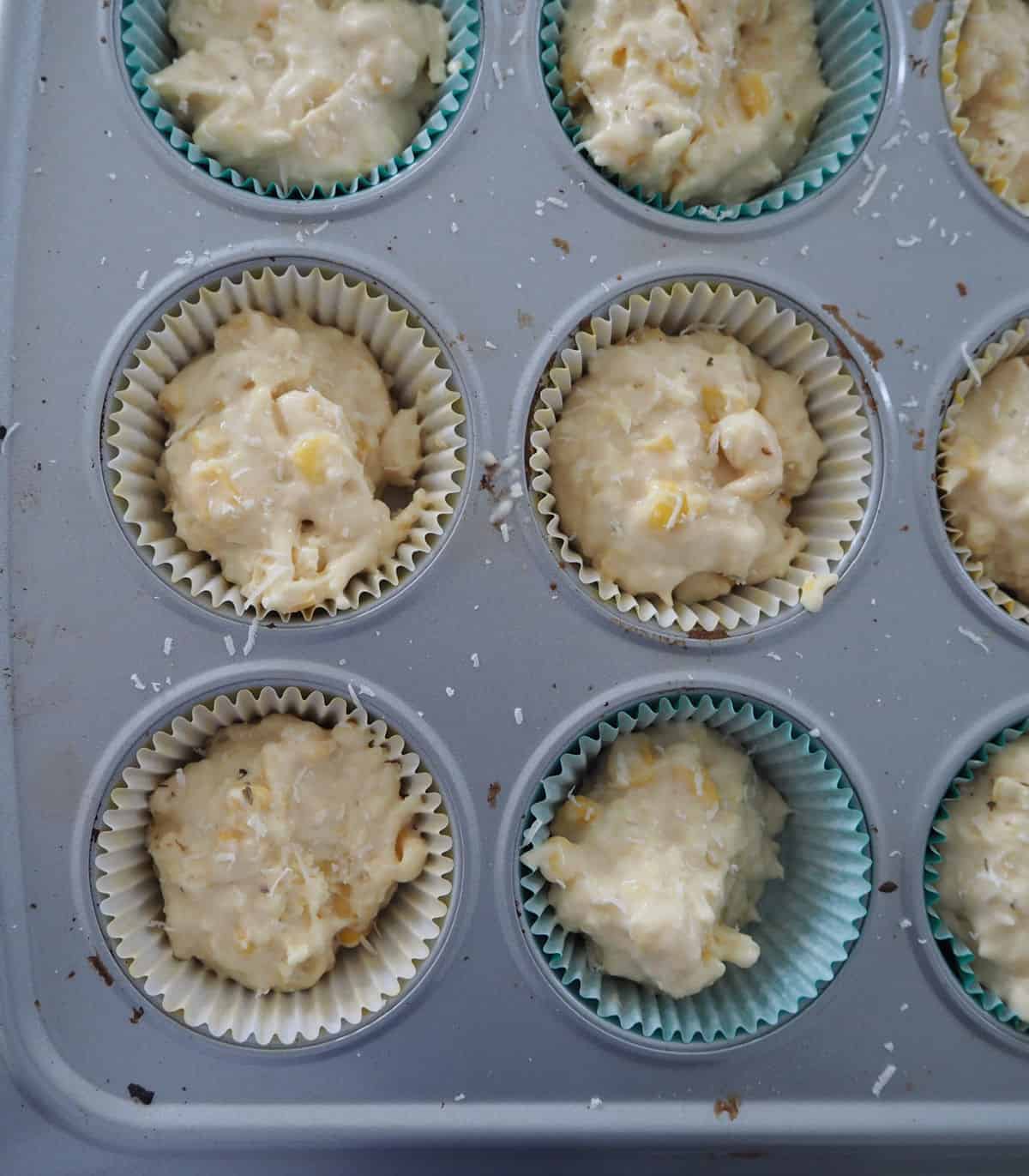 Cheese and Corn Muffin mixture in a baking tray