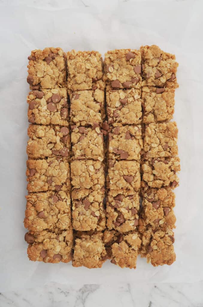 Overhead view of Chocolate Chip Anzac Slice.