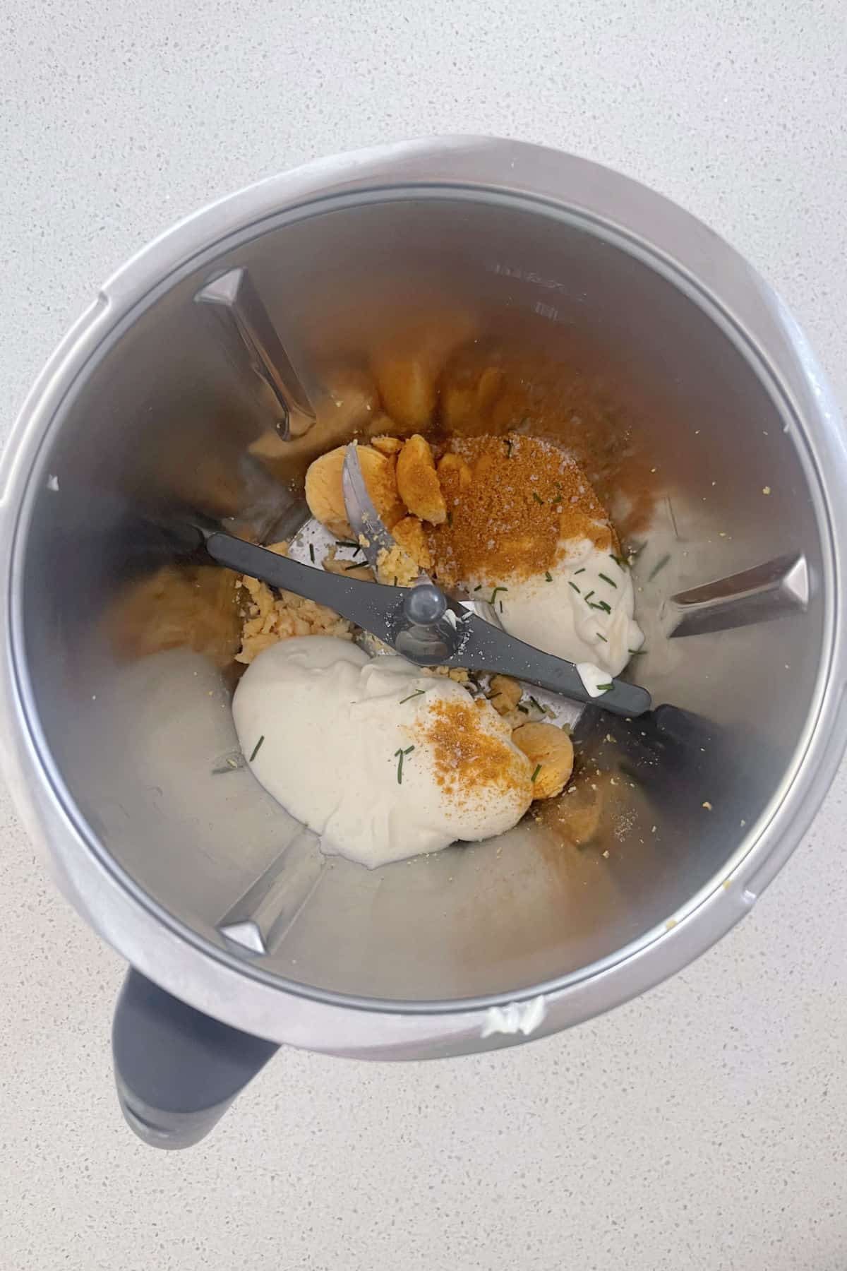 Curried Eggs Ingredients in a Thermomix bowl.