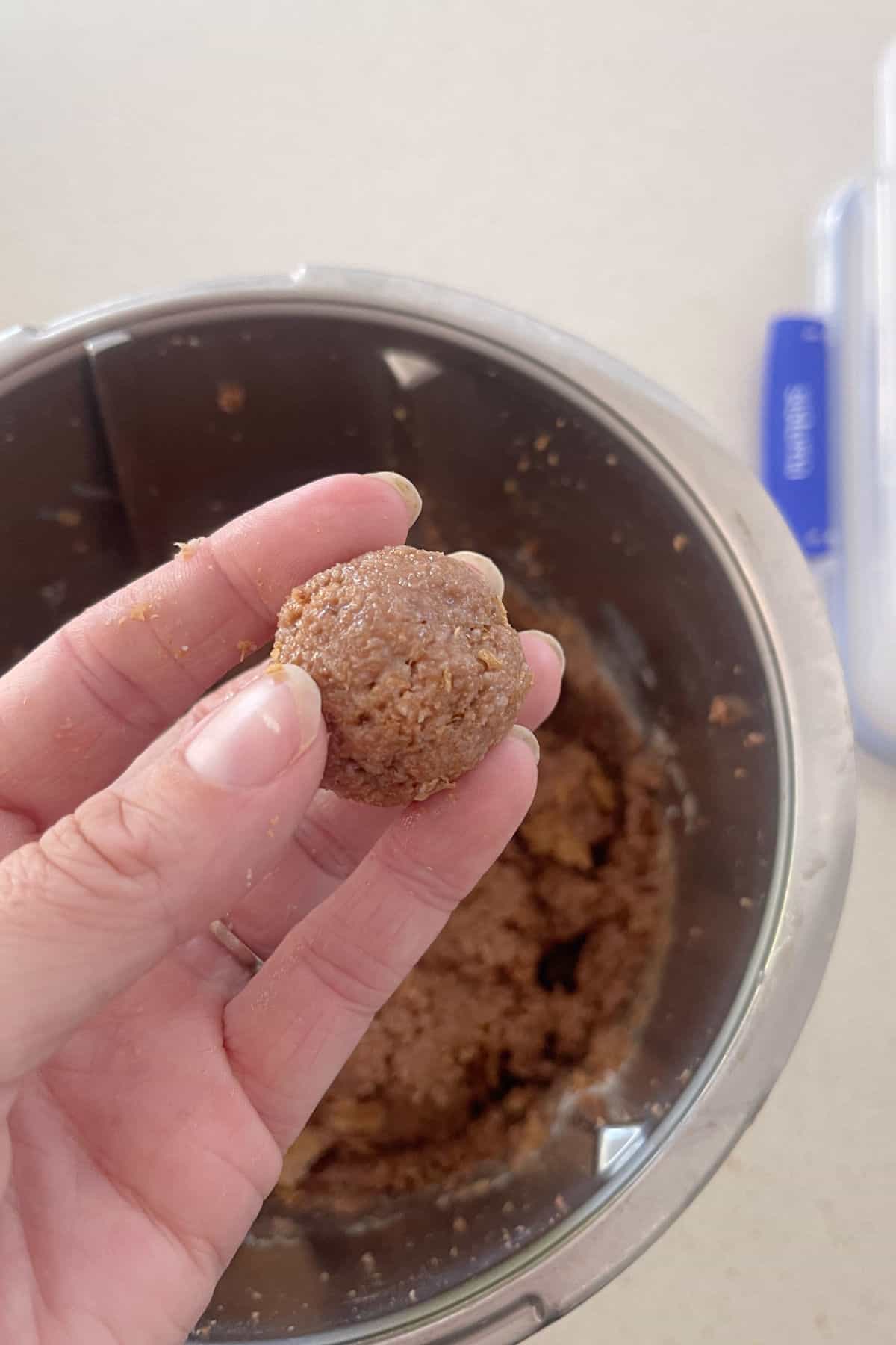 Adult holding a Weet-Bix and Milo Ball before it has been coated in coconut.