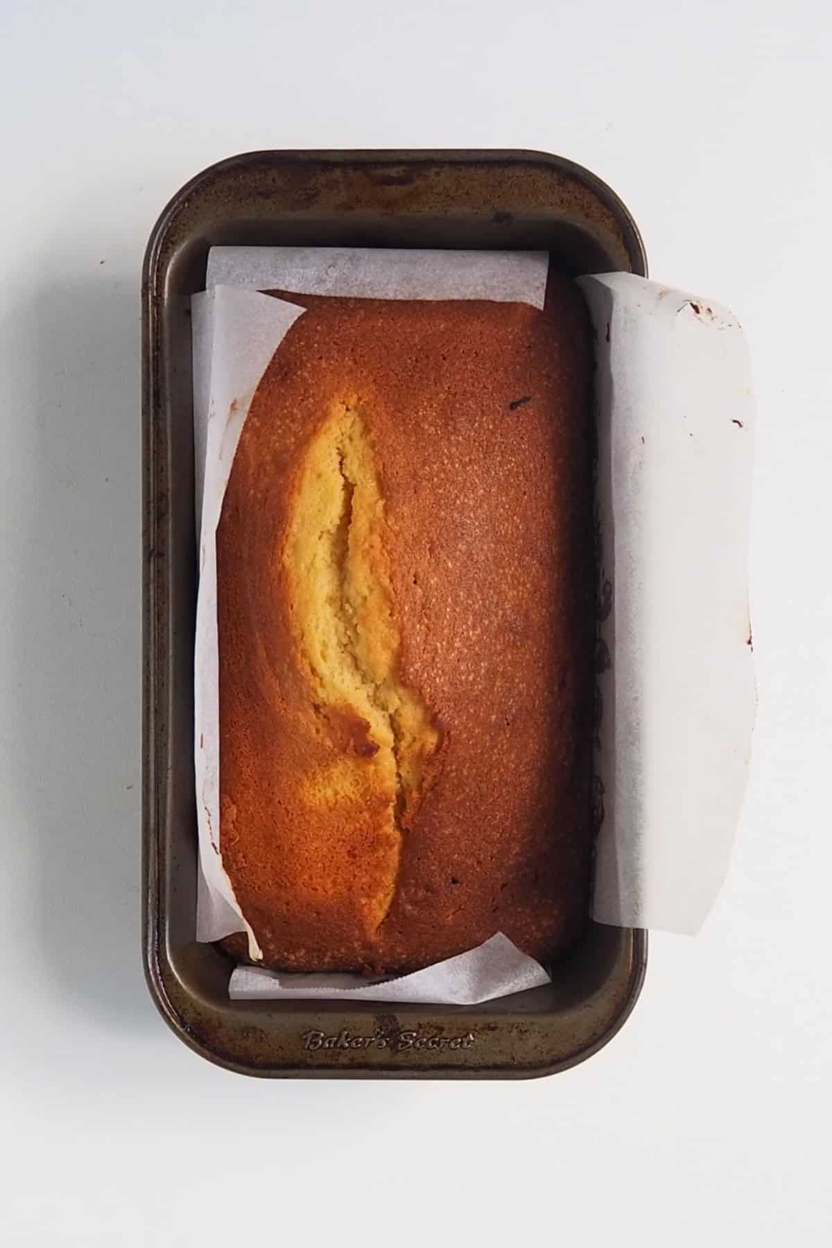 Baked Banana and Pineapple cake in a loaf tin straight from the oven.