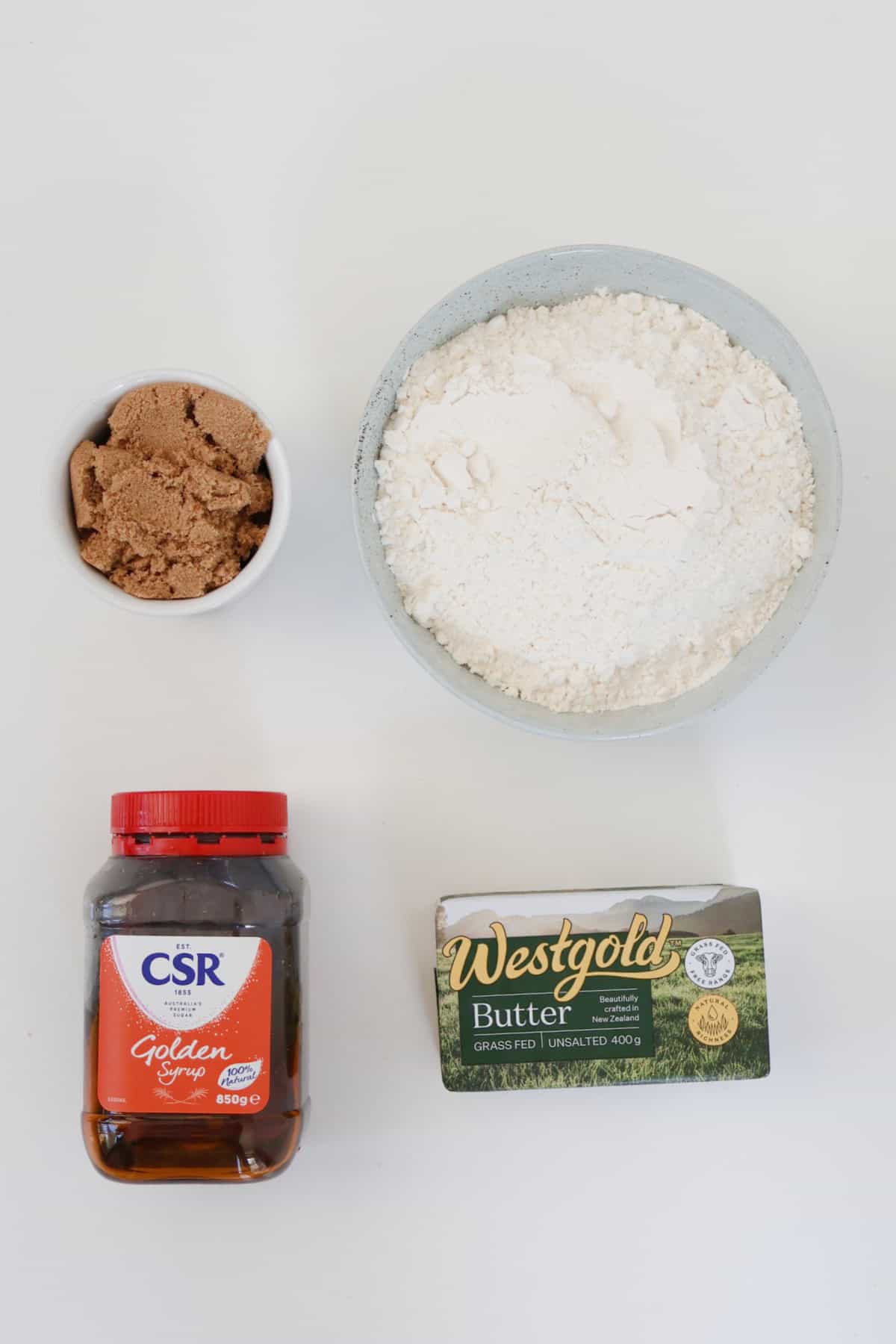 Caramel Biscuit ingredients on a white background.