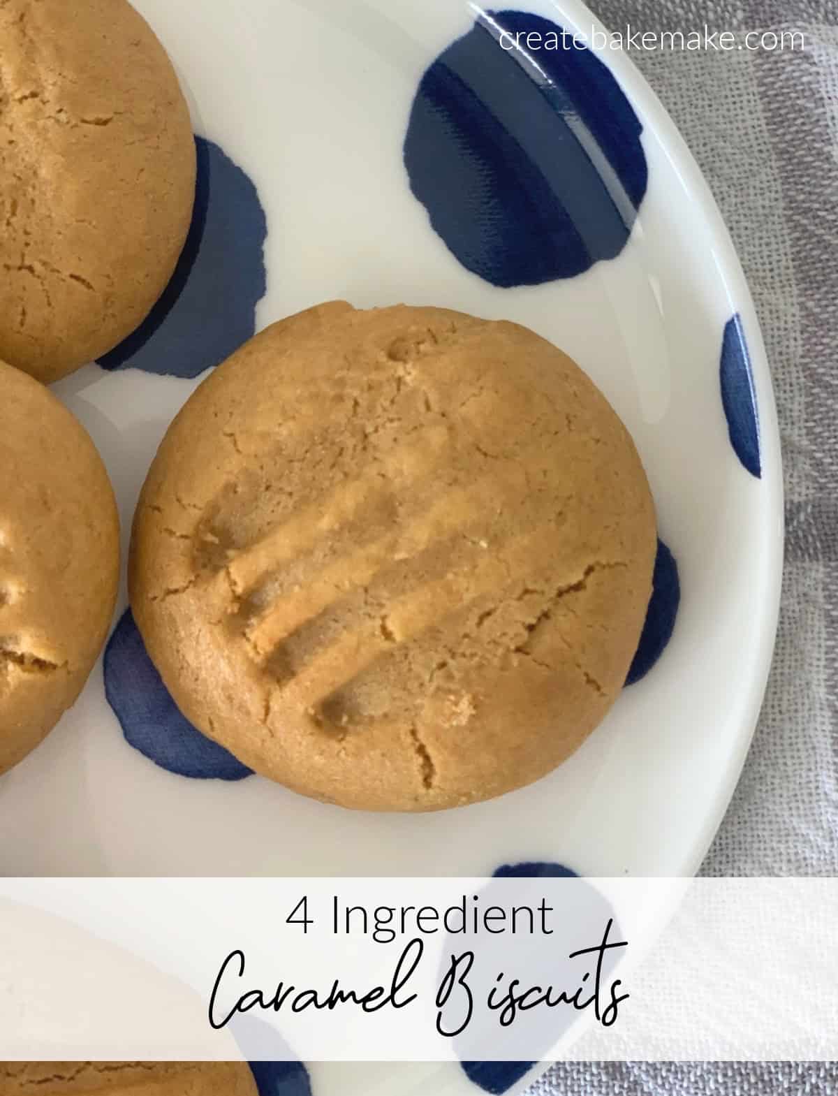 Overhead view of caramel biscuits on a blue spotted plate.