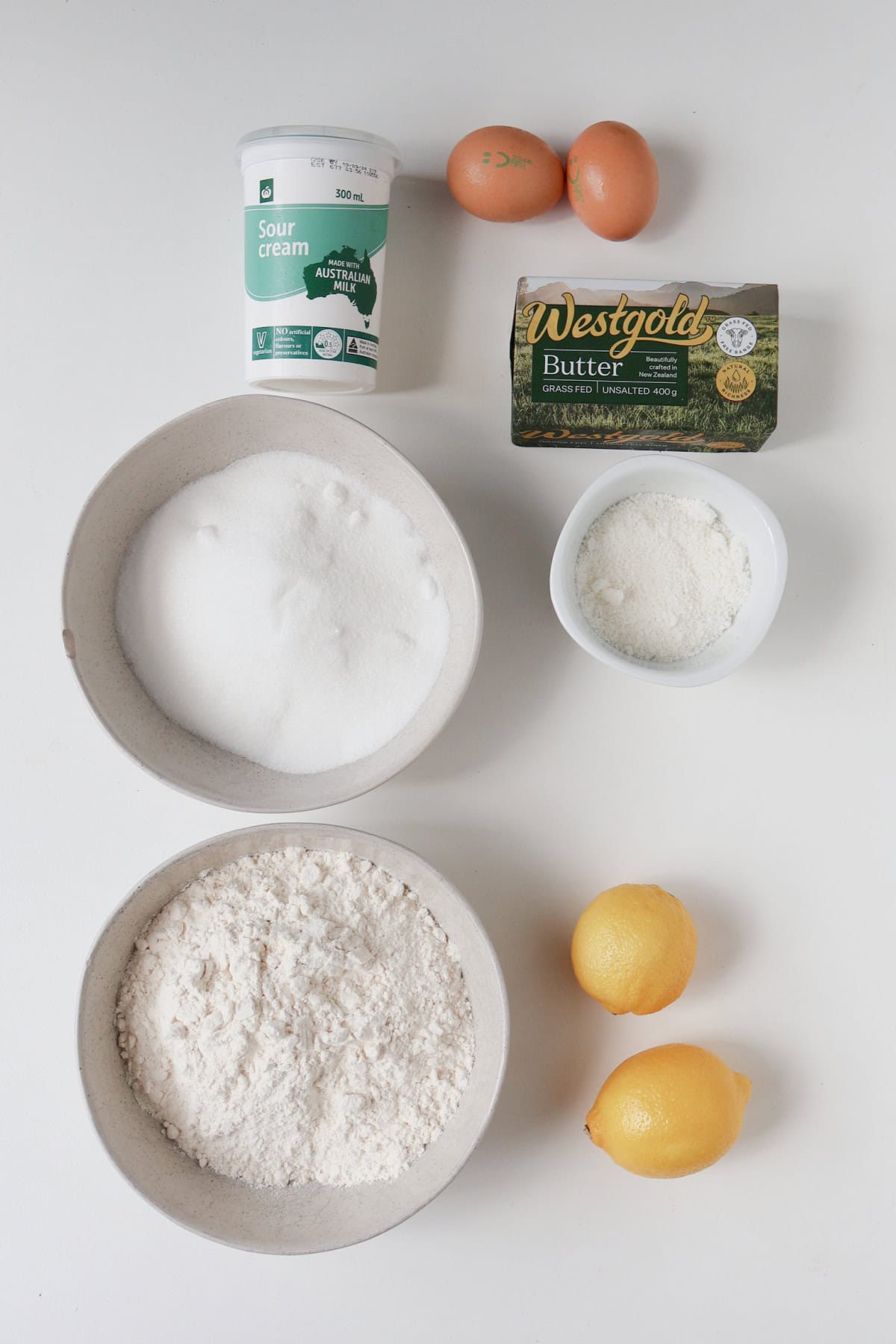 Ingredients for lemon and coconut cake.