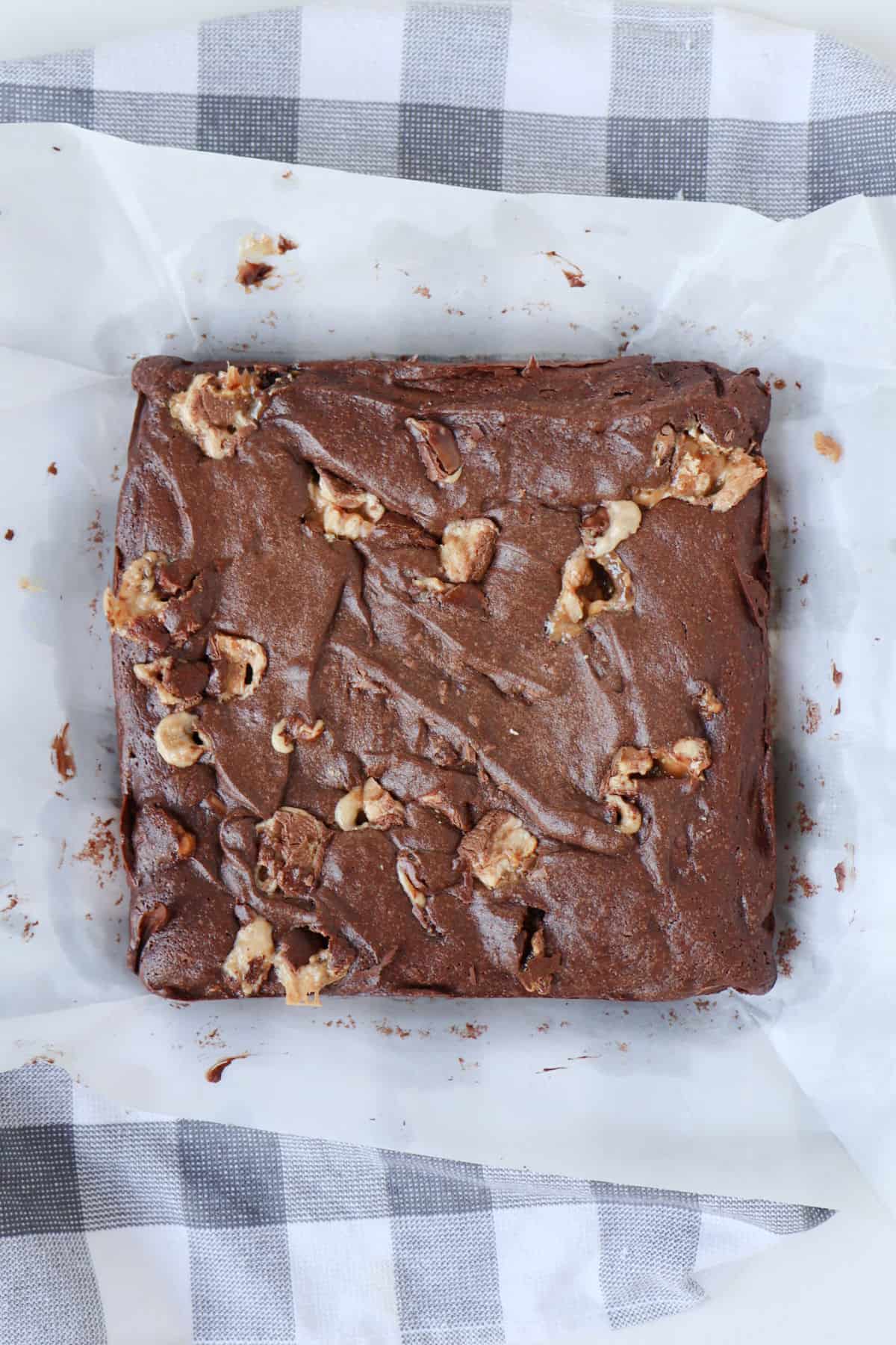 Cooked Snickers Brownie before being cut.