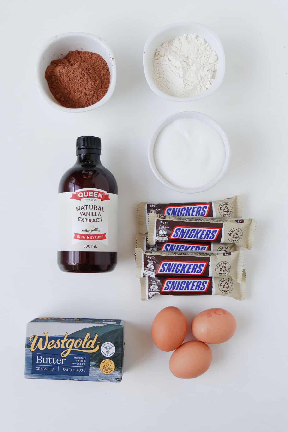 Ingredients to make Snickers Chocolate Brownies.