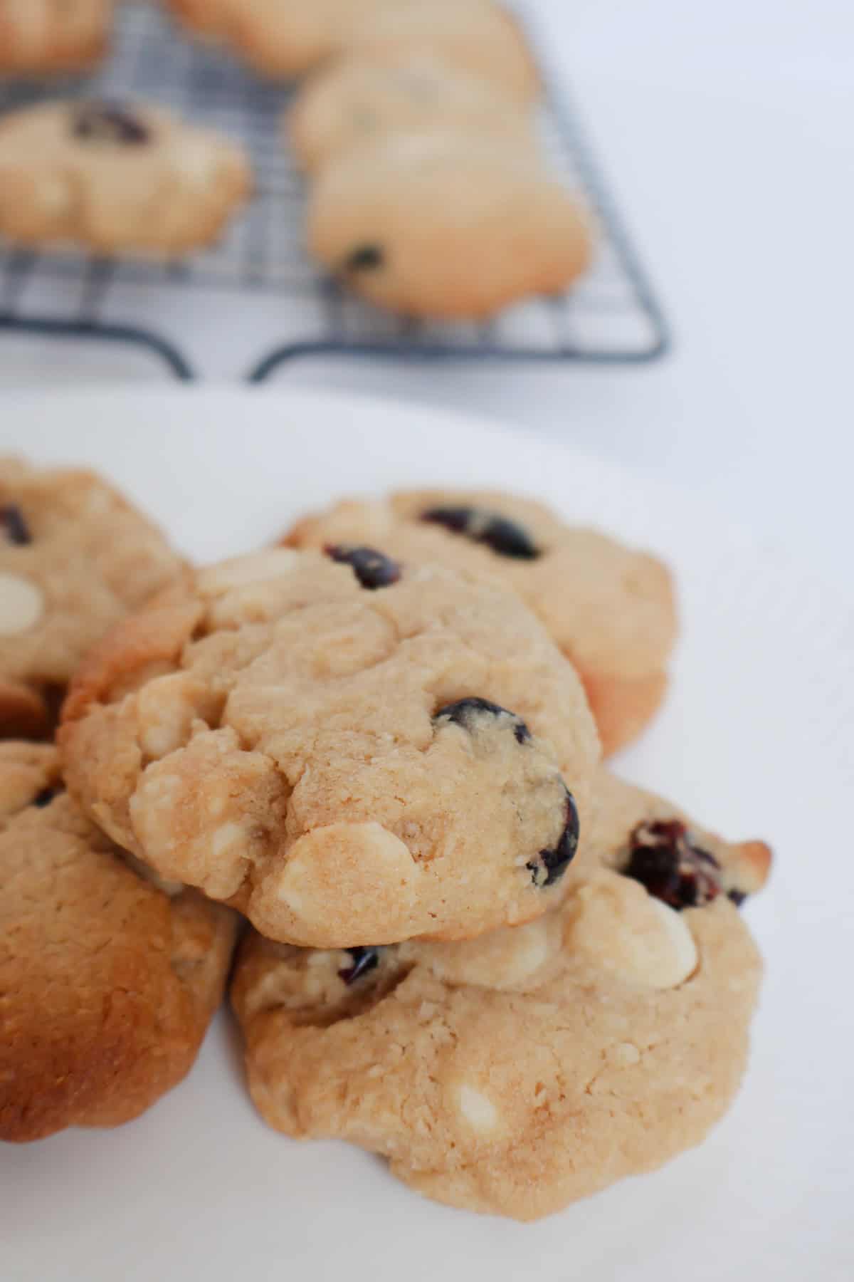 Pile of White Chocolate and Cranberry Biscuit stacked on top of each other.