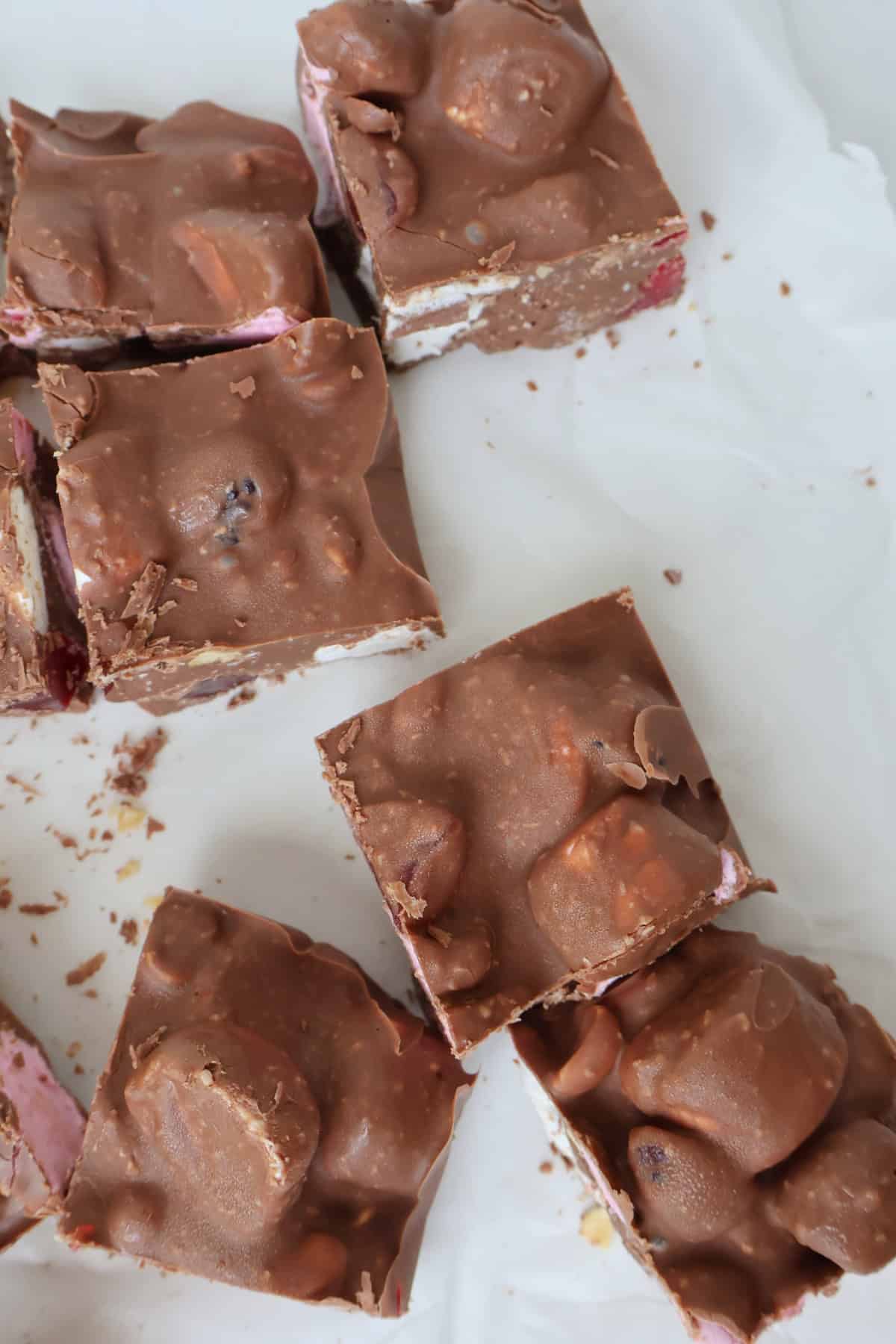 Overhead view of rocky road pieces.