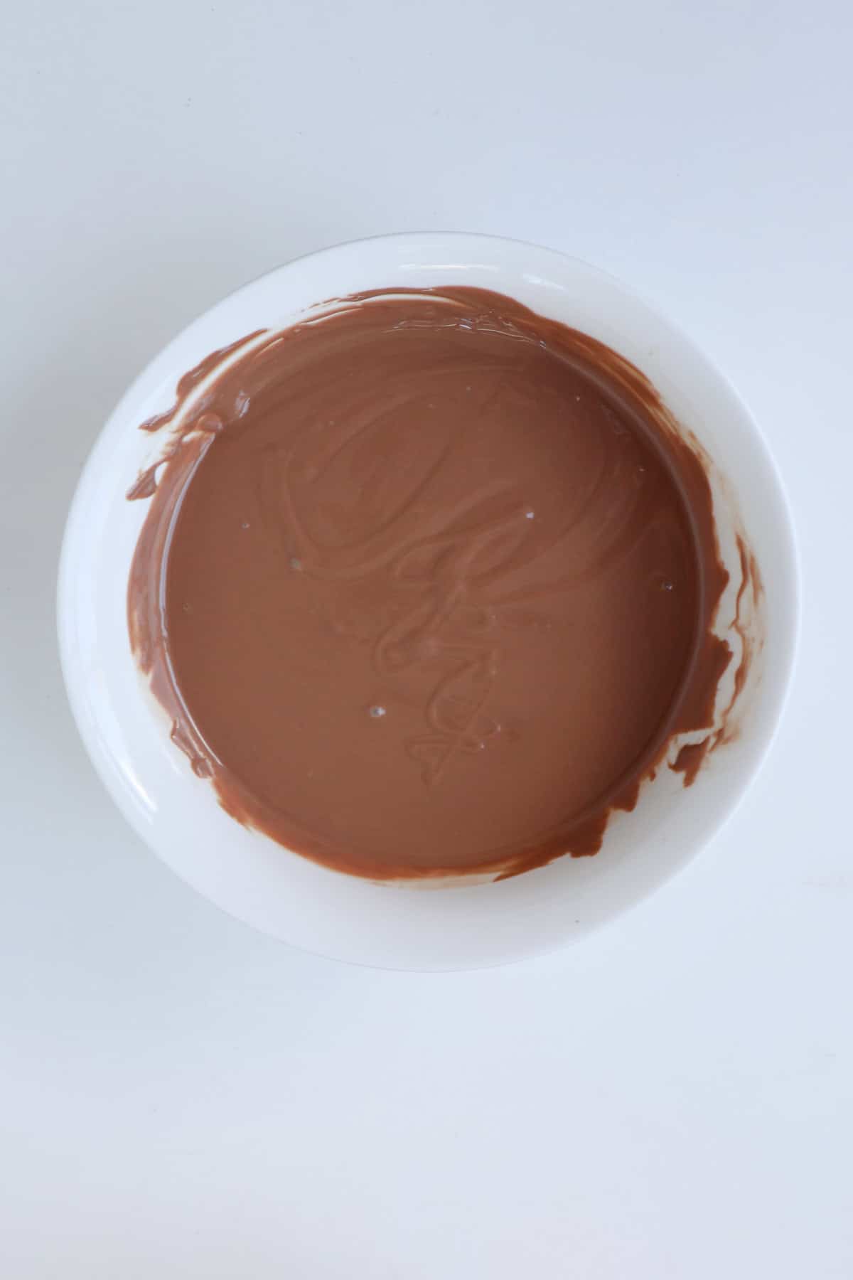 Melted chocolate in a white bowl.